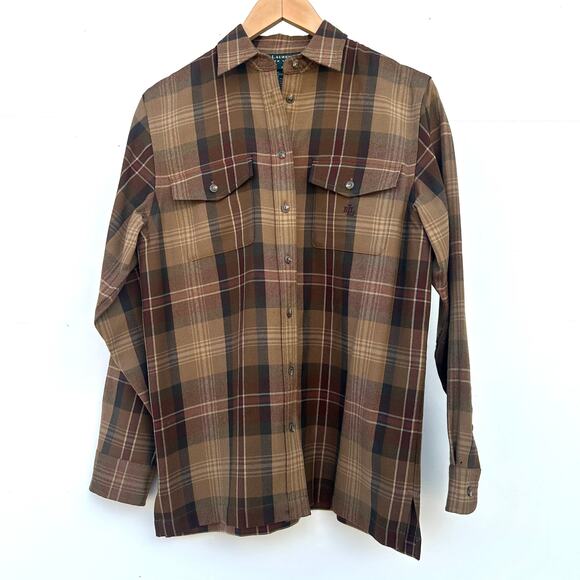 Vintage Ralph Lauren RLL Plaid Brown Button Down Shirt Small Worsted Wool - Picture 2 of 10